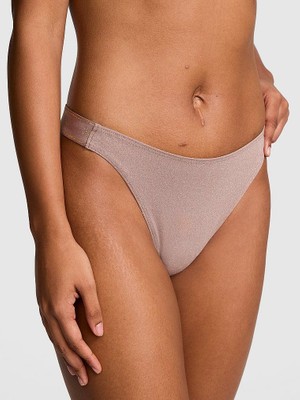 Pink Logolu Pamuklu Işıltılı Derin Bacak Kesim Tanga - Işıltılı Taba