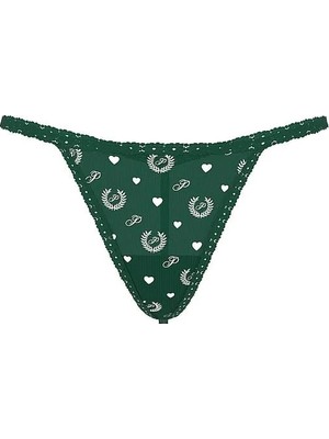 Pink Pamuklu V-String Külot - Yeşil Kalp Baskılı