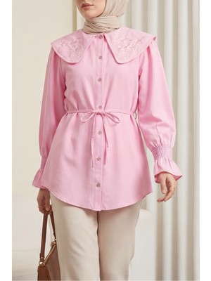 Moda Morfo Bebe Yaka Nakışlı Beli Bağlamalı Poplin Gömlek -Pembe