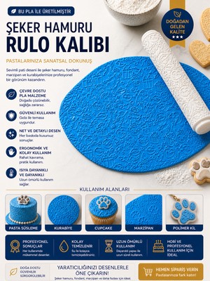 Studio Aslan Design Şeker Hamuru Rulo Kalıbı – Detaylı Desenli Fondant & Kurabiye Baskı Rulosu | Pla Güvenli Malzeme | Pasta Süsleme Aleti