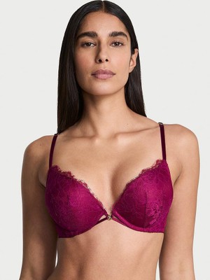Very Sexy Bombshell Iki Beden Büyük Gösteren Gül Dantelli Push-Up Sütyen - Bordo