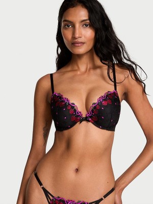 Very Sexy Cherry Işlemeli Push-Up Sütyen - Siyah Işlemeli