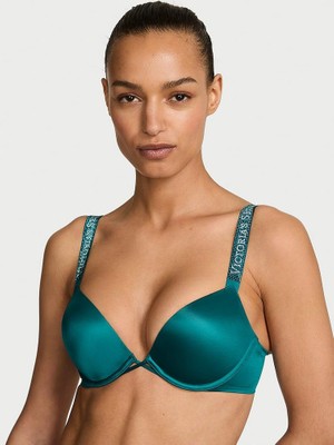 Very Sexy Bombshell Işıltılı Askılı 2 Beden Büyük Gösteren Push-Up Sütyen - Koyu Turkuaz