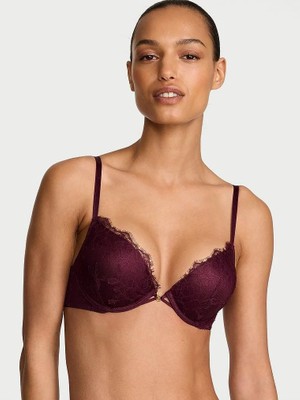 Very Sexy Bombshell Iki Beden Büyük Gösteren Gül Dantelli Push-Up Sütyen - Mürdüm