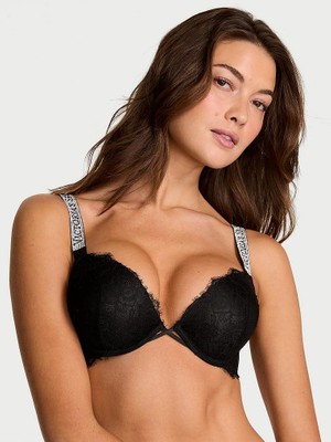Very Sexy Bombshell Iki Beden Büyük Gösteren Işıltılı Askılı Dantelli Push-Up Sütyen - (Tek Renk)