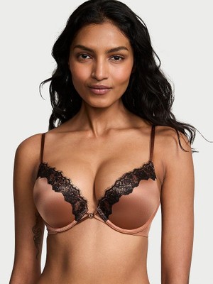 Very Sexy Bombshell 2 Beden Büyük Gösteren Dantel Kenarlı Push-Up Sütyen - Karamel