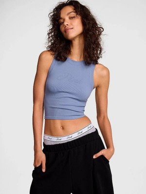 Pink Yumuşak Seamless Halter Yaka Crop - Logolu Dumanlı Mavi