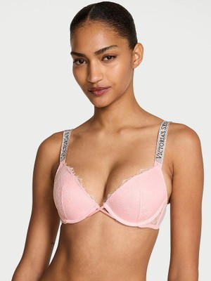 Very Sexy Işıltılı Askılı Dantelli Hafif Dolgu Destekli Dekolteli Demi Sütyen - Melek Pembesi