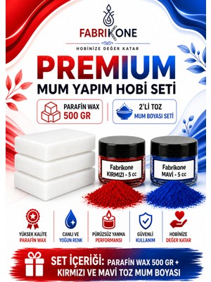 Fabrikone Premium Mum Yapım Hobi Seti - Parafin Wax 500 gr - 2'li Toz Mum Boyası Seti - Kırmızı, Mavi BKFABPW5002KM