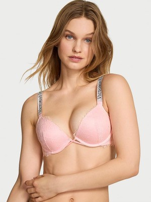Very Sexy Işıltılı Askılı Dantelli Push-Up Sütyen - Melek Pembesi