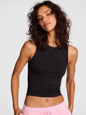 Pink Yumuşak Seamless Halter Yaka Crop - Logolu Siyah