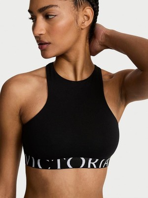 The T-Shirt Pamuklu Logo Detaylı Desteksiz Halter Yaka Bralet - Siyah
