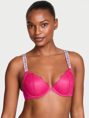 Very Sexy Işıltılı Askılı Dantelli Hafif Dolgu Destekli Dekolteli Demi Sütyen - Sıcak Pembe