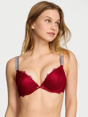 Very Sexy Bombshell Iki Beden Büyük Gösteren Işıltılı Askılı Dantelli Push-Up Sütyen - (Tek Renk)