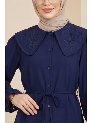 Moda Morfo Bebe Yaka Nakışlı Beli Bağlamalı Poplin Gömlek -Laci