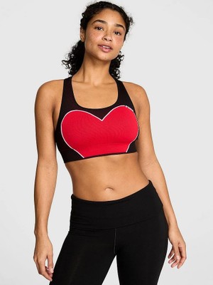 Pink Seamless Kalp Desenli Racerback Sporcu Sütyeni - Siyah Kırmızı