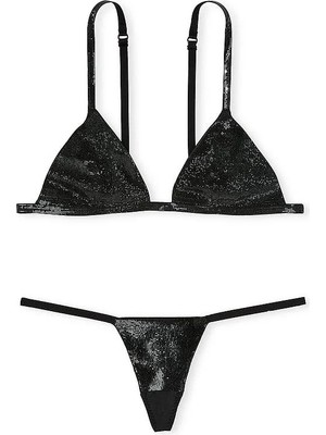 Very Sexy Işıltılı Üçgen Bralet ve V-String Külot Takımı - Siyah