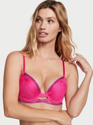 Very Sexy Işıltılı Çapraz Askılı Dantelli Push-Up Sütyen - Sıcak Pembe