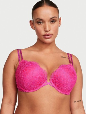 Very Sexy Bombshell 2 Beden Büyük Gösteren Dantelli Işıltılı Askılı Push-Up Sütyen - Sonsuz Pembe