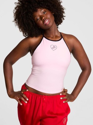 Pink All Day Pamuklu Halter Yaka Üst - Işıltılı Toz Pembe