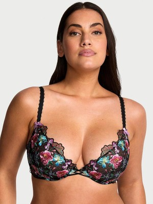 Very Sexy Çiçek Işlemeli Desteksiz Dekolteli Demi Sütyen - Siyah Çiçekli