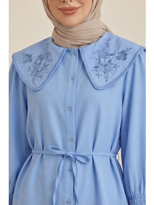 Moda Morfo Bebe Yaka Nakışlı Beli Bağlamalı Poplin Gömlek -Mavi