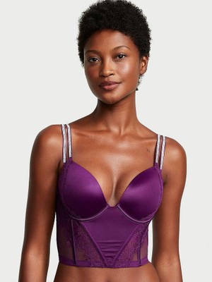 Very Sexy Işıltılı Çift Askılı Dantelli Push-Up Korse Büstiyer - Mürdüm
