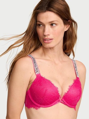 Very Sexy Işıltılı Askılı Dantelli Push-Up Sütyen - Sıcak Pembe