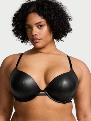 Very Sexy Deri Görünümlü Push-Up Sütyen - Siyah