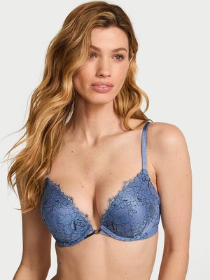 Very Sexy Bombshell Iki Beden Büyük Gösteren Denim Dantelli Push-Up Sütyen - Jean Mavisi