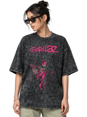 Sevbano Gorillaz Rock Metal Müzik Grubu Ön Baskılı Unisex Oversize Eskitme Yıkamalı Tişört