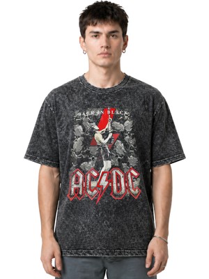 Sevbano Ac Dc Back In Black Rock Metal Müzik Grubu Ön Baskılı Unisex Oversize Eskitme Yıkamalı Tişört