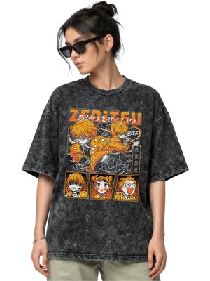 Sevbano Zenitsu Agatsuma Kimetsu No Yaiba Anime Dizi Ön Baskılı Unisex Oversize Vintage Yıkamalı Tişört