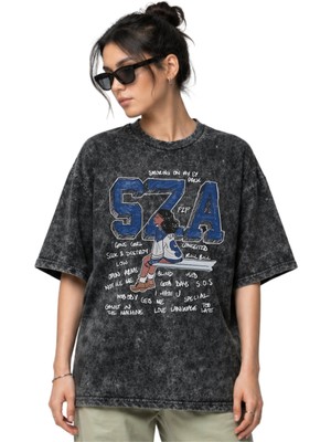 Sevbano Sza Rapper Şarkıcı Ön Baskılı Unisex Oversize Vintage Yıkamalı Tişört
