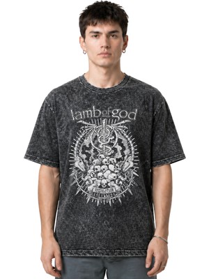 Sevbano Lamb Of God Rock Metal Müzik Grubu Ön Baskılı Unisex Oversize Eskitme Yıkamalı Tişört