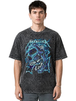 Sevbano Metallica Rock Metal Müzik Grubu Ön Baskılı Unisex Oversize Eskitme Yıkamalı Tişört