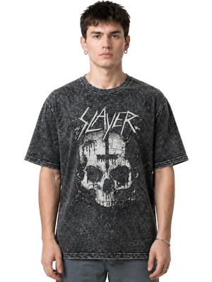Sevbano Slayer Rock Metal Müzik Grubu Ön Baskılı Unisex Oversize Eskitme Yıkamalı Tişört