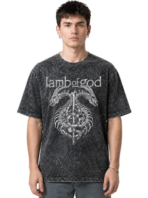 Sevbano Lamb Of God Rock Metal Müzik Grubu Ön Baskılı Unisex Oversize Eskitme Yıkamalı Tişört