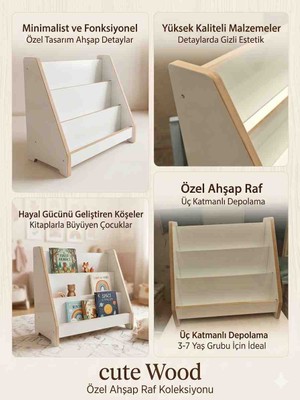 Cute Wood Montessori Ahşap Yer Kitaplığı-3 Raflı Eğitici Çocuk Kitaplık