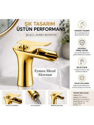Eymen Meral Aksesuar Gold Lüx Şelale Lavabo Bataryası Sıcak Soğuk Çıkışlı Kullanışlı Şık ve Uzun Ömürlü
