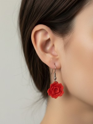 Küpe Kırmızı Gül Figürlü Sallantılı Model Romantik Işıltı