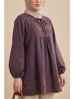 Moda Morfo Yakası Bağlamalı Kolu Lastikli Garnili Modal Tunik  -Mürdüm