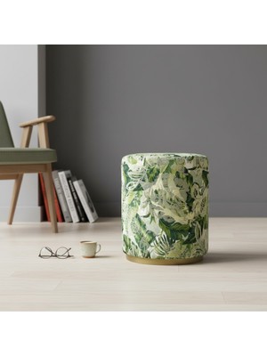 FRAMGAN Memory Tropikal Desenli Lüks Puff Metal Ayaklı Özel Dokuma Premium Dekoratif Ürün