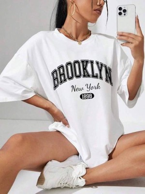 Cotton Lab Cottonlab Kadın Brooklyn New York Baskılı Oversize Tshirt