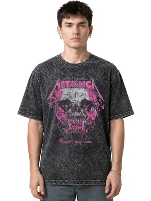 Sevbano Metallica Rock Metal Müzik Grubu Ön Baskılı Unisex Oversize Eskitme Yıkamalı Tişört