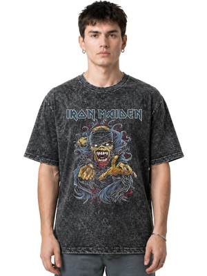 Sevbano Iron Maiden Rock Metal Müzik Grubu Ön Baskılı Unisex Oversize Eskitme Yıkamalı Tişört