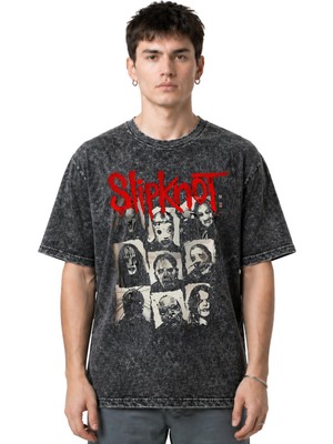 Sevbano Slipknot Rock Metal Müzik Grubu Ön Baskılı Unisex Oversize Vintage Yıkamalı Tişört