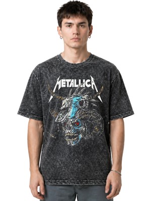 Sevbano Metallica Rock Metal Müzik Grubu Ön Baskılı Unisex Oversize Eskitme Yıkamalı Tişört