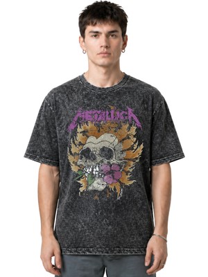 Sevbano Metallica Rock Metal Müzik Grubu Ön Baskılı Unisex Oversize Eskitme Yıkamalı Tişört