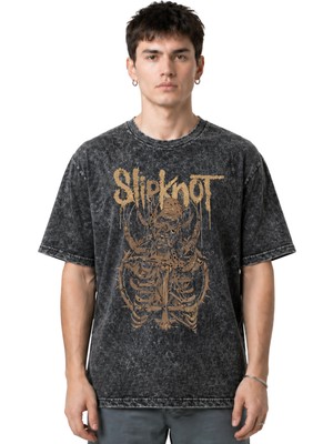 Sevbano Slipknot Rock Metal Müzik Grubu Ön Baskılı Unisex Oversize Eskitme Yıkamalı Tişört